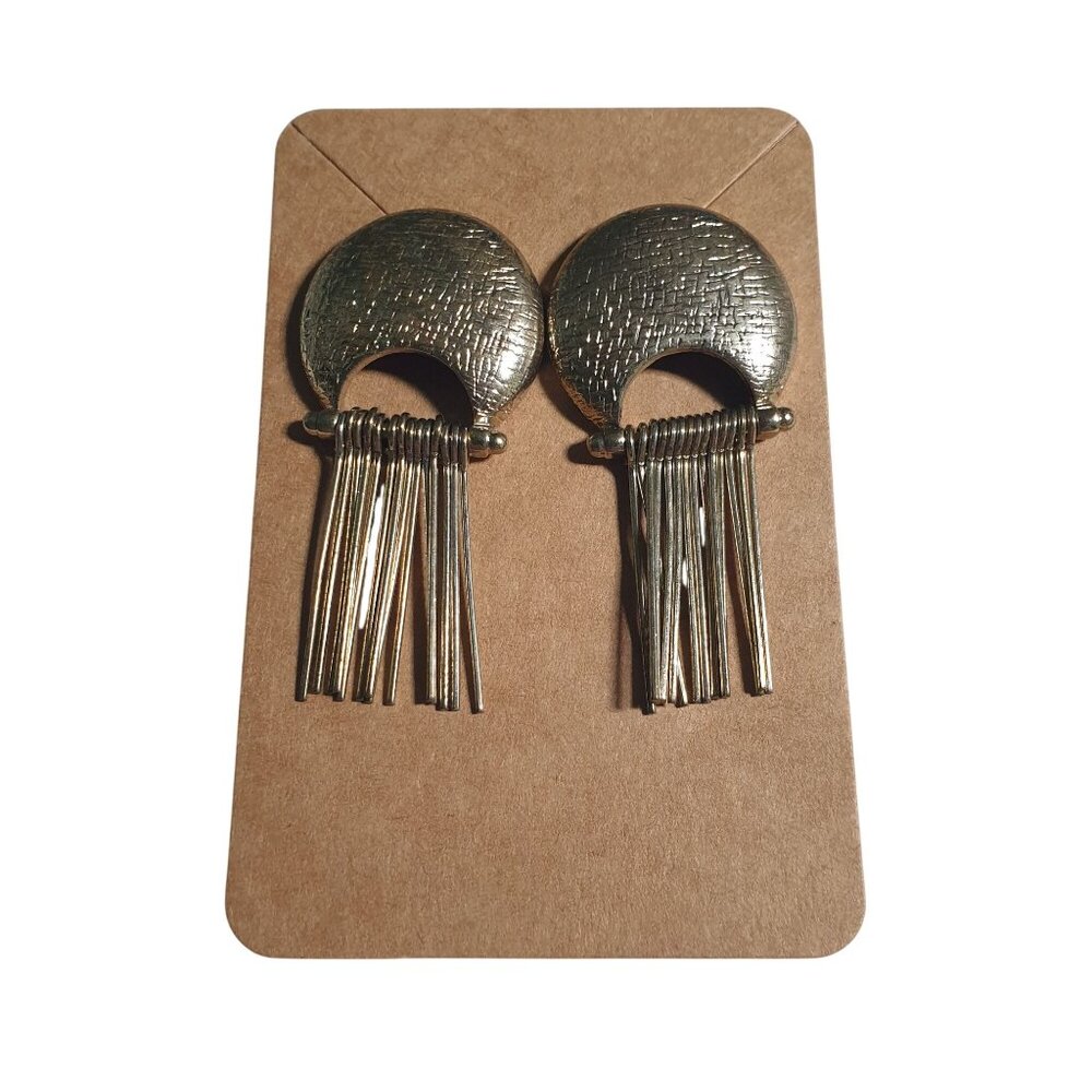 Gold Tone Textured Fringe Drop Earrings Unique Jewelry Bohemian Design MCM Gift